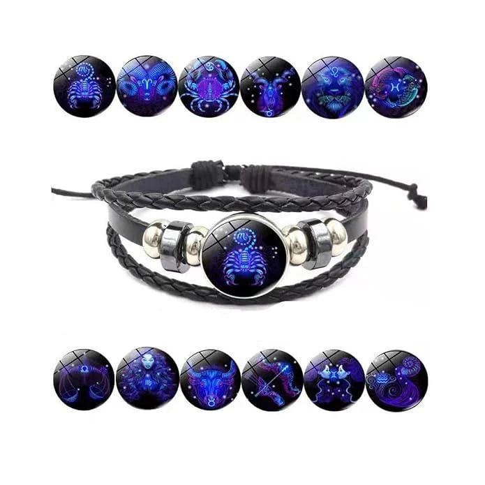 ZODIAC SIGN BLACK LEATHER BRACELET