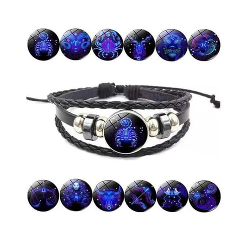 ZODIAC SIGN BLACK LEATHER BRACELET