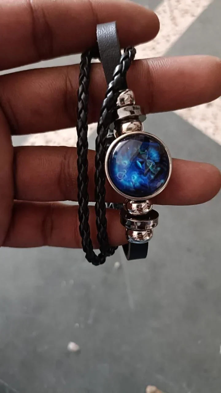 ZODIAC SIGN BLACK LEATHER BRACELET